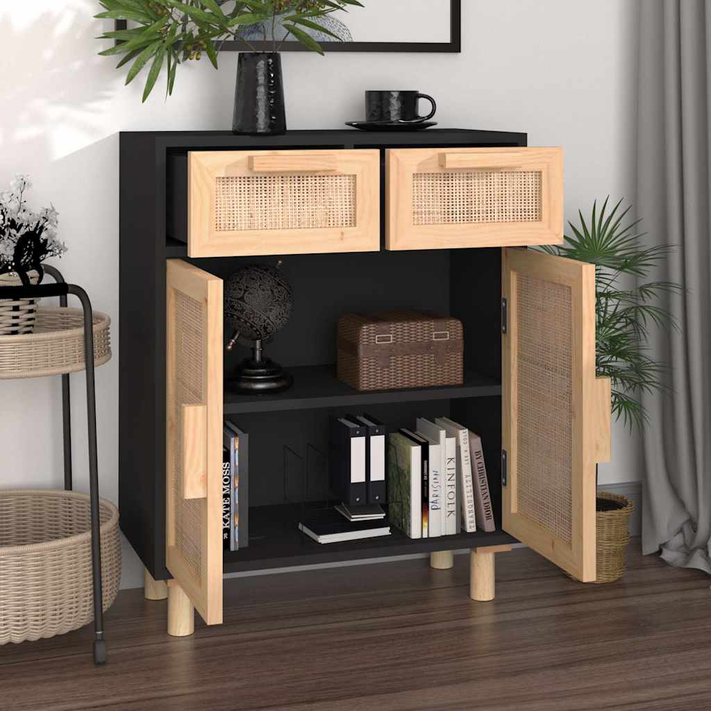 Vidaxl dressoir 60x30x75 cm massief grenen hout en rattan zwart