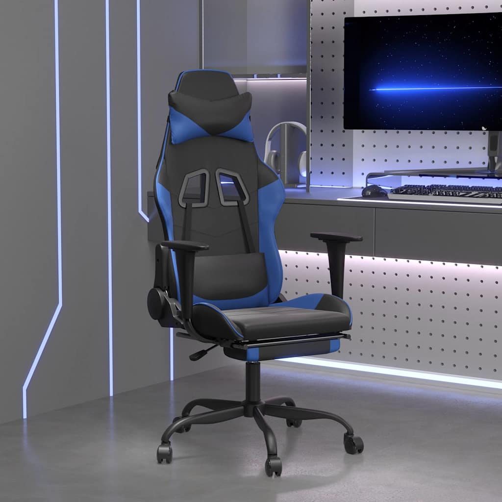 Vidaxl massage gamestoel met voetensteun kunstleer zwart en blauw