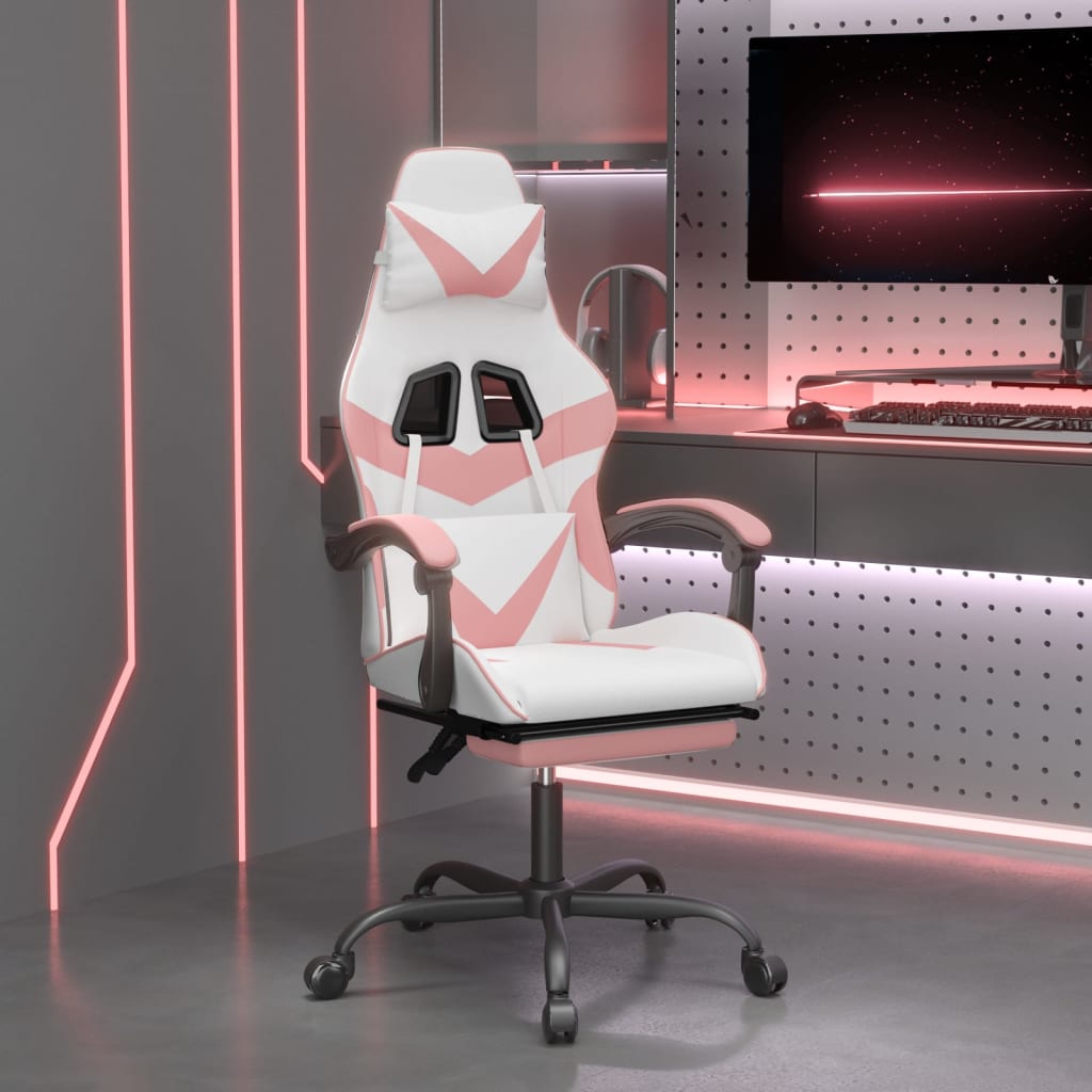 Vidaxl gamestoel draaibaar met voetensteun kunstleer wit en roze
