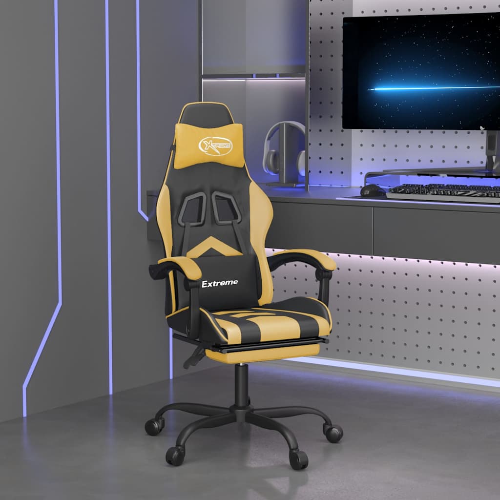 Vidaxl gamestoel draaibaar met voetensteun kunstleer zwart goud