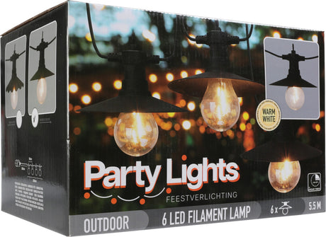 Pro garden party lights buitenverlichting 6 led filament lampen warm wit 5,5 meter feestverlichting voor buiten
