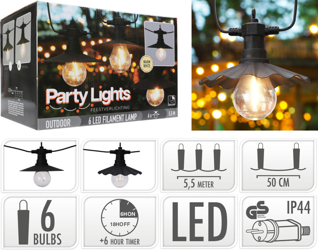Pro garden party lights buitenverlichting 6 led filament lampen warm wit 5,5 meter feestverlichting voor buiten