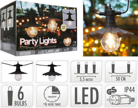 Pro garden party lights buitenverlichting 6 led filament lampen warm wit 5,5 meter feestverlichting voor buiten