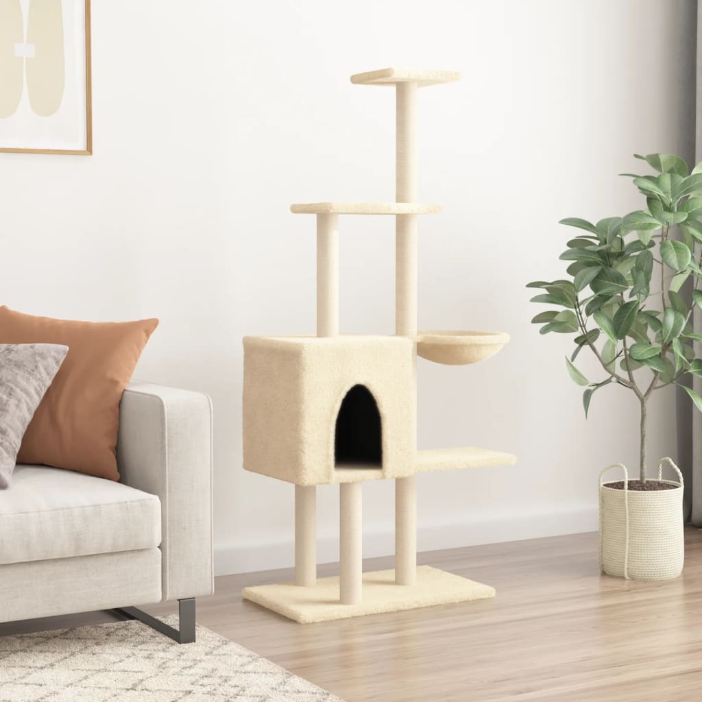 Muebles de gato de Vidaxl con postes de rascado de sisal de 145 cm de crema