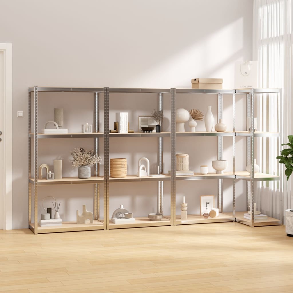 VidaXL Lagerregal 4 Ebenen 4 Stück Stahl verarbeitetes Holz silberfarben
