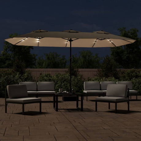 Vidaxx Sonnenschirm Doppeldach mit LED 449x245 cm Taupe