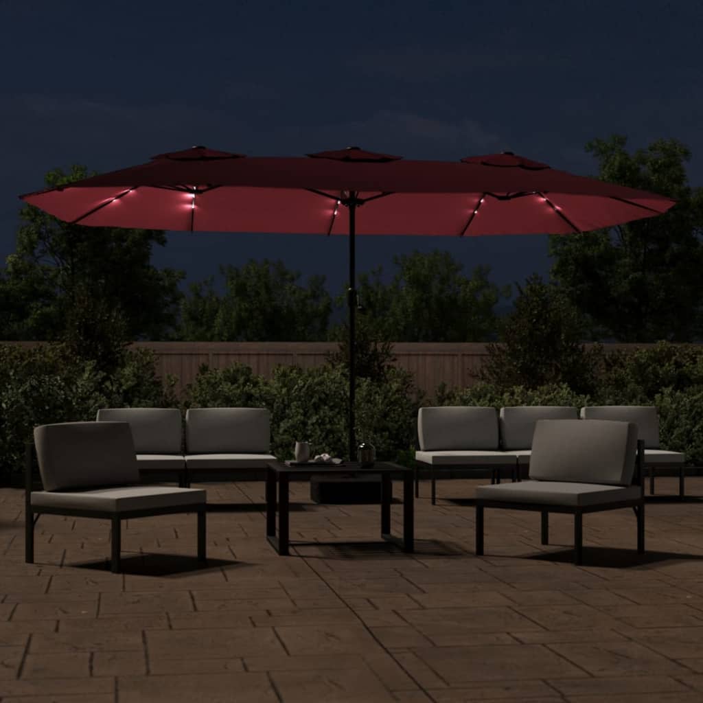 Vidaxx Sonnenschirm Doppeldach mit LED 449x245 cm bordeaux