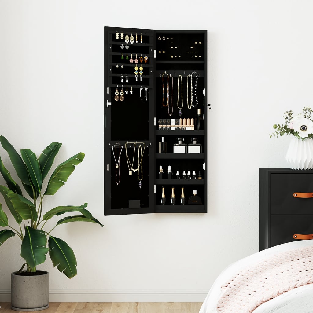 Vidaxl Schmuckschrank mit Spiegel und mit LED -Wand montiertem Schwarz