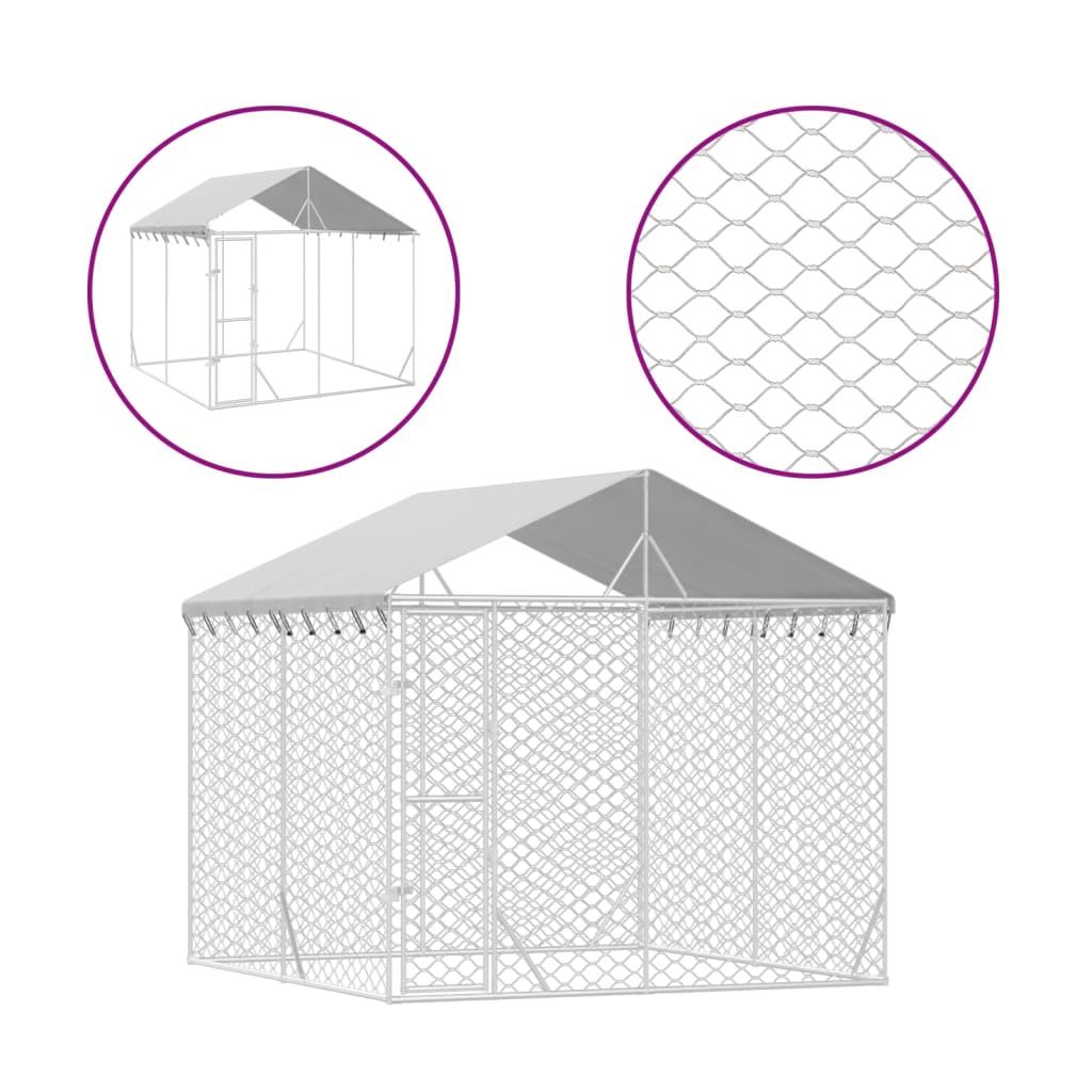 Vidaxl Hond Kennel mam Daach 3x3x2.5 m galvaniséiert Stol Sëlwerfaarf