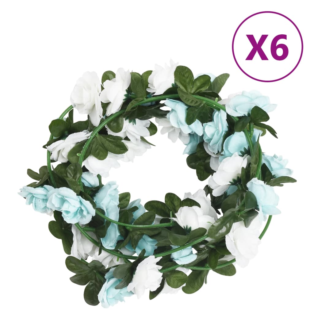 VidaXL Weihnachtsgirlanden mit Blumen 6 Stück 240 cm Blau und Weiß