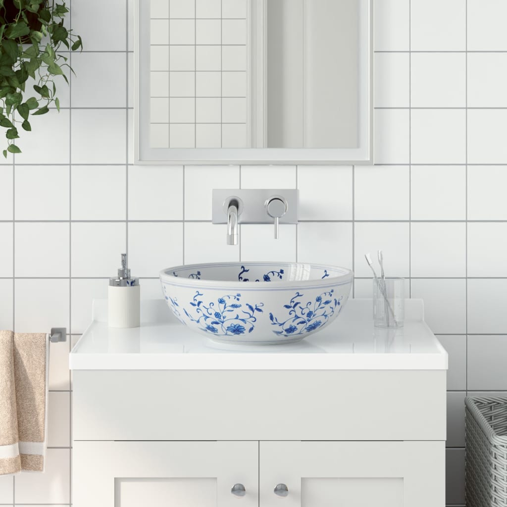 Vidaxl opzetwasbak rond φ41x14 cm keramiek wit en blauw