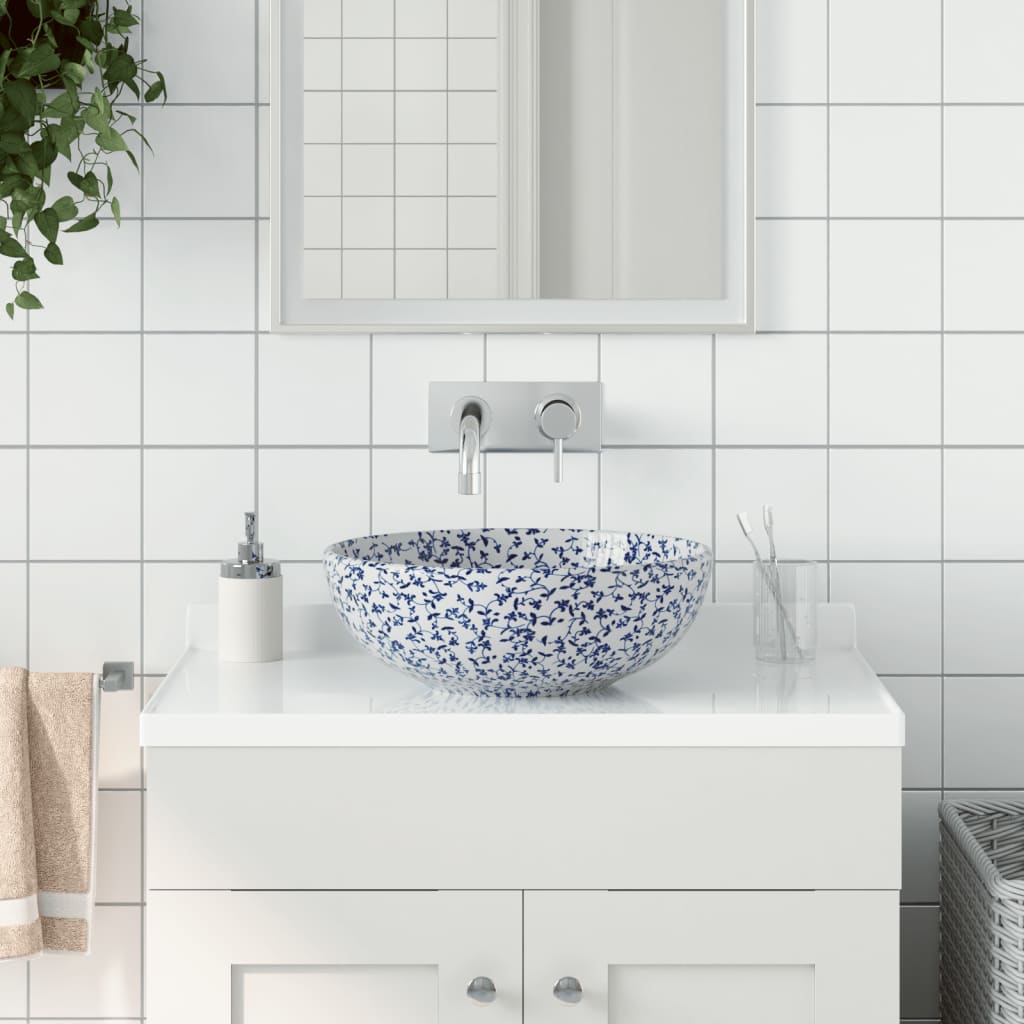 VidaXL Aufsatzwaschbecken rund Φ41x14 cm aus Keramik weiß und blau