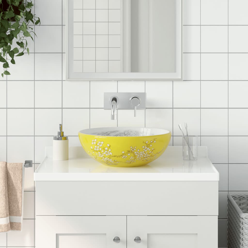 Vidaxx Aufsatzwaschbecken rund φ41x14 cm aus Keramik weiß und gelb