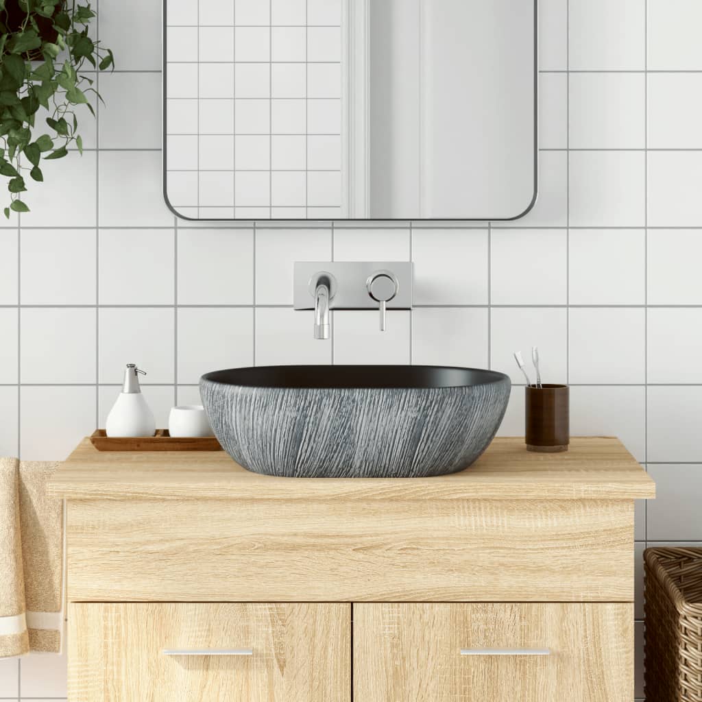 VidaXL Aufsatzwaschbecken oval 47x33x13 cm Keramik schwarz und grau