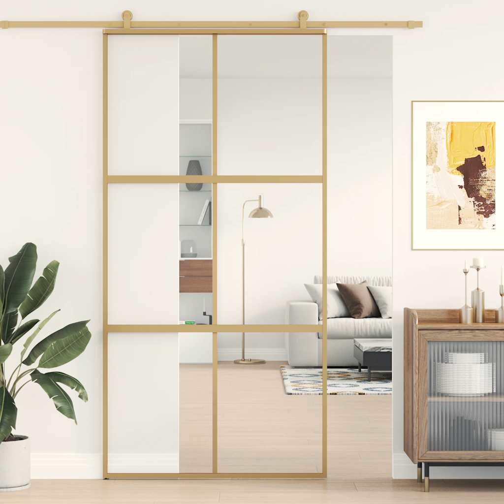 Vidaxx-Schiebetür 102,5 x 205 cm, klares ESG-Glas und Aluminium-Goldfarbe