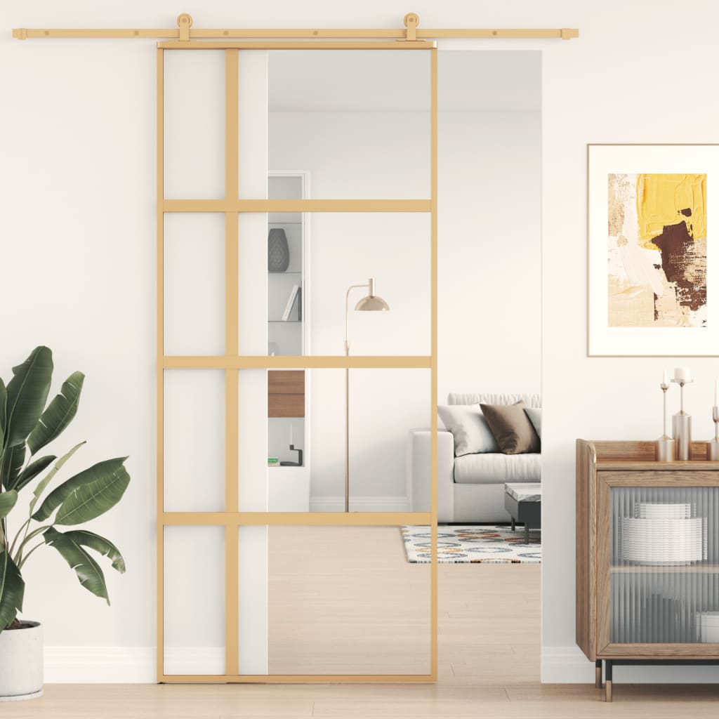 Vidaxx Schiebetür 90x205 cm klares ESG-Glas und Aluminium goldfarben