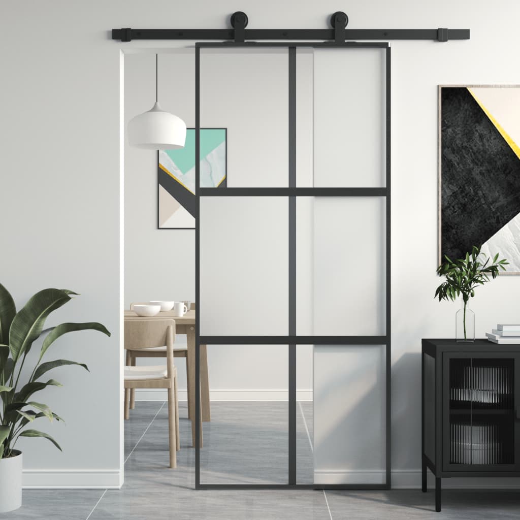 Porta scorrevole Vidaxl 90x205 cm in vetro indurito e nero in alluminio