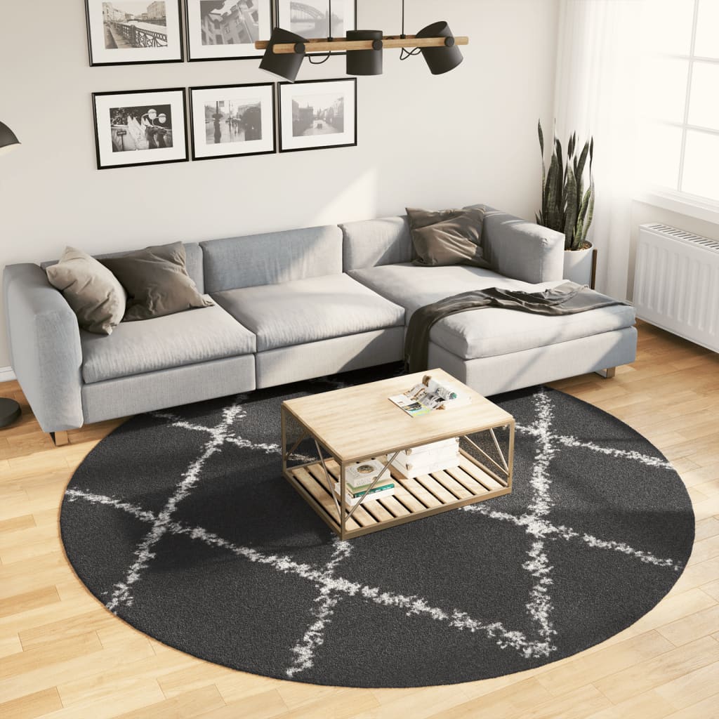 Vidaxl rug Paramplona Shamgy héich Pole Ø 240 cm schwaarz a Crème