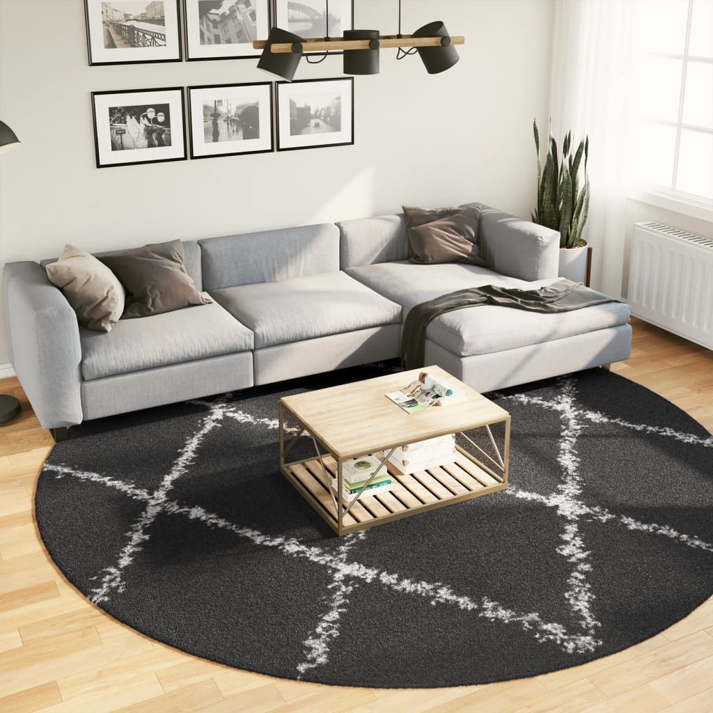 Vidaxl Rug Camplona Shamgy héich pile Ø 280 cm schwaarz a Crème