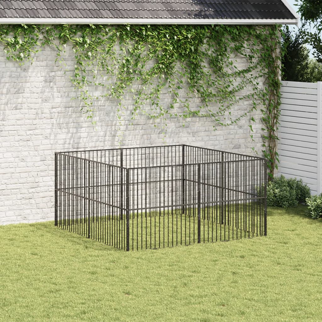 Vidaxl Hond Kennel 8 Panels Pudder -coated Stahl schwaarz