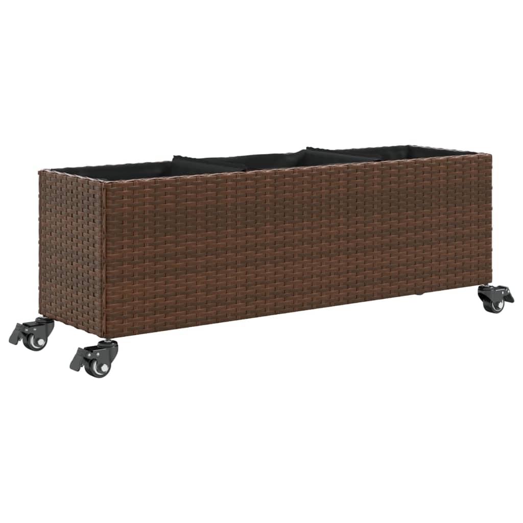 Vidaxl sadilnik s kolesi 3 lonci 107x32x38 cm poli rattan rjava