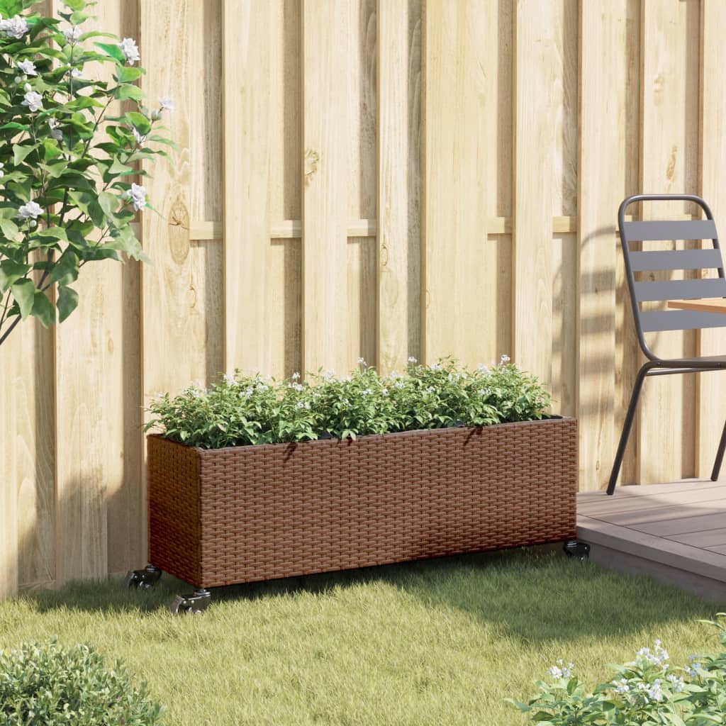 VidaXL Plantenbak met wielen 3 potten 107x32x38 cm poly rattan bruin