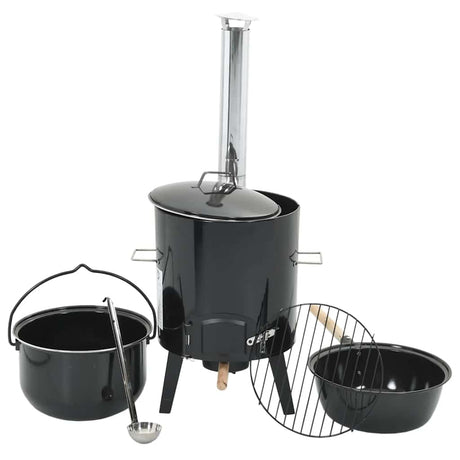 Vidaxl Gulaschkanone mit Kamin und Deckel aus emailliertem Stahl schwarz