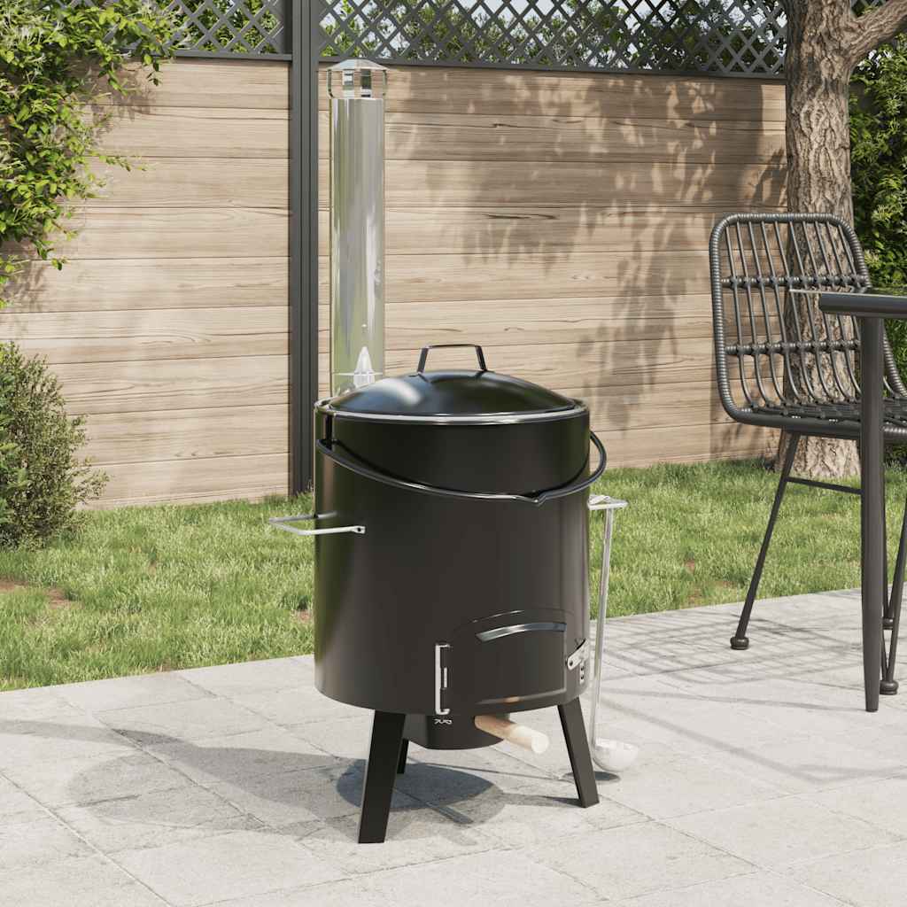 Vidaxl Gulaschkanone mit Kamin und Deckel aus emailliertem Stahl schwarz
