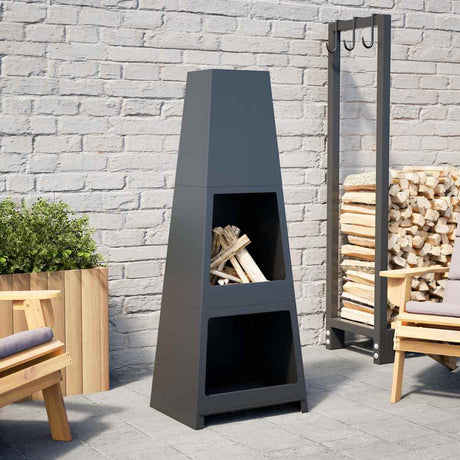 VidaXL Außenkamin mit Holzlagerturm Design Stahl schwarz