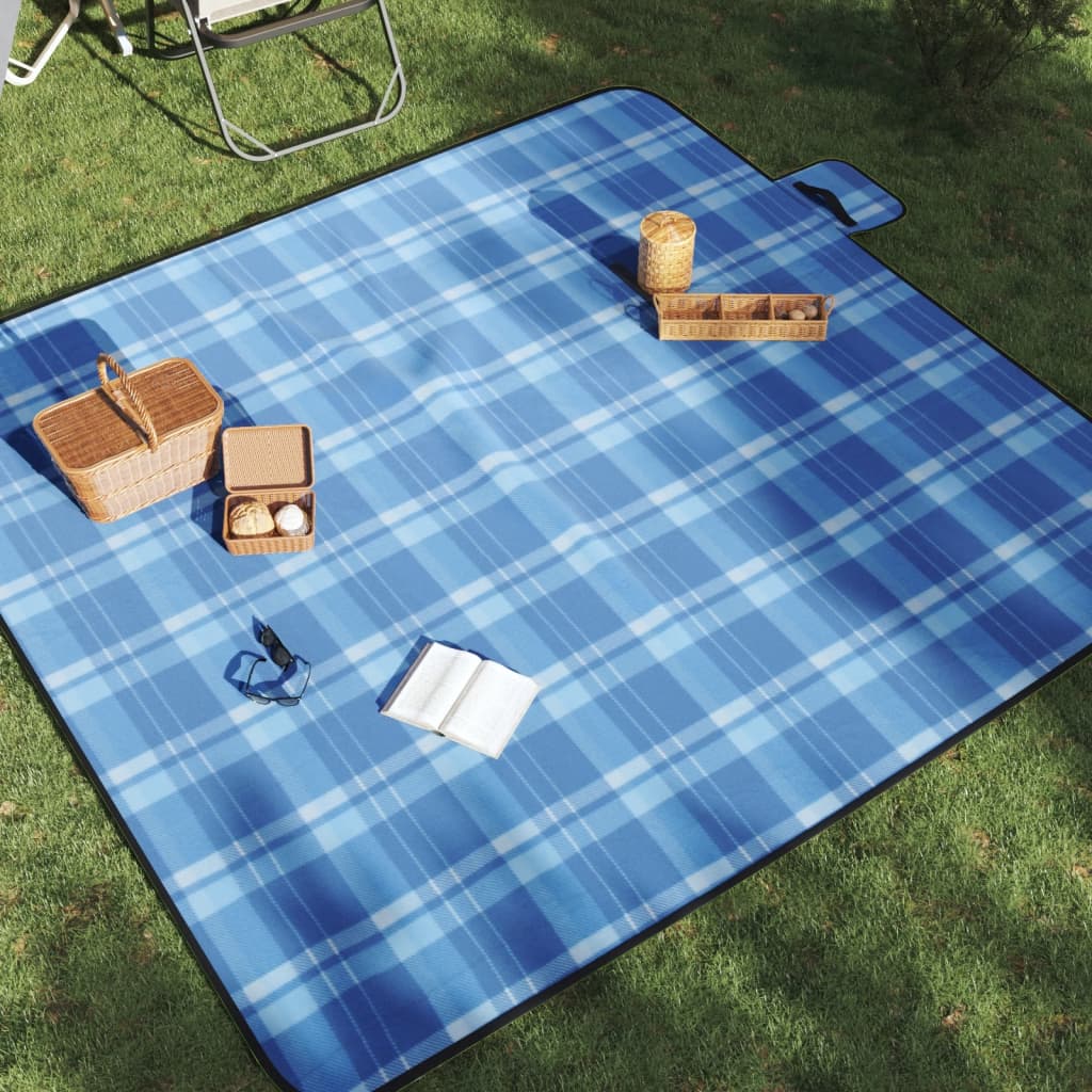 Vidaxl tappeto picnic pieghevole a scacchi 200x200 cm blu velluto