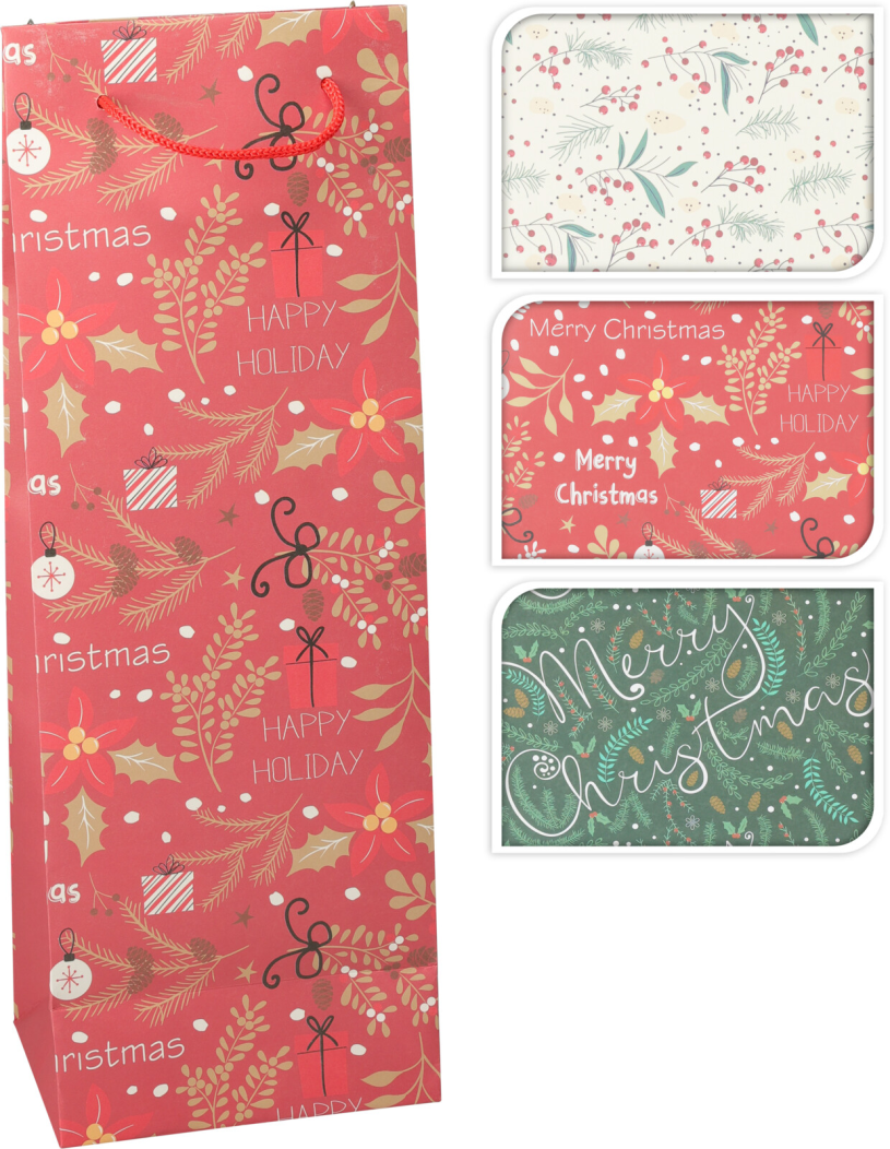Geschenktas wijnfles kerst 35cm 4 assorti