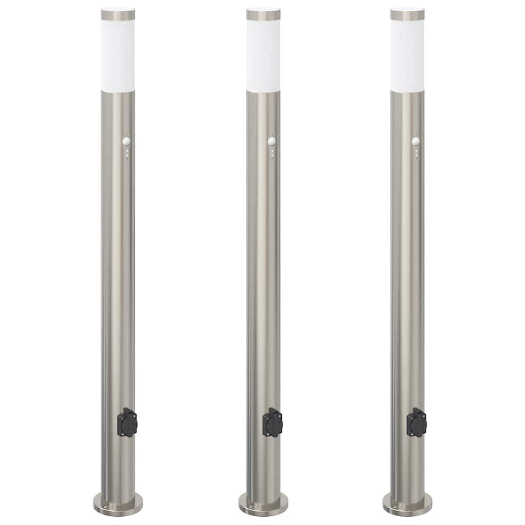 Vidaxx Pollerbeleuchtung mit Sensor und Steckdose 3 Stück 110 cm Edelstahl IP44