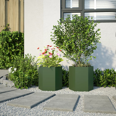Vidaxx Pflanzgefäße 2 Stück Sechseck 46x40x45 cm Stahl olivgrün