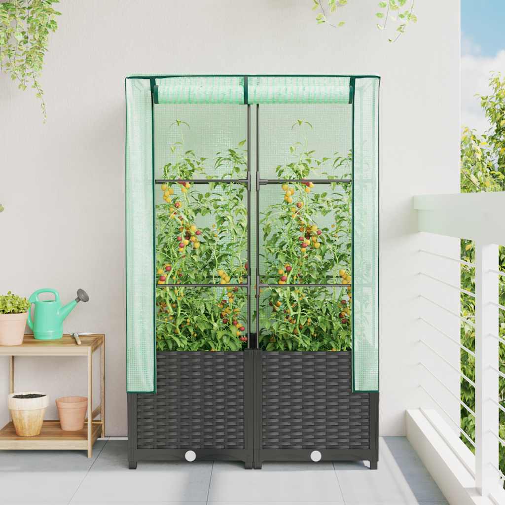 VidaXL Pflanzkübel erhöht mit Gewächshausabdeckung 80x40x138 cm Rattanoptik