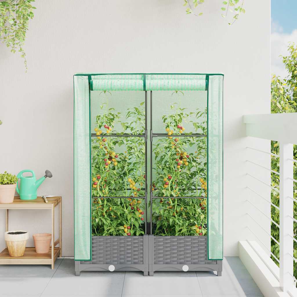 Vidaxx Pflanzkübel erhöht mit Gewächshausabdeckung 80x40x123 cm Rattanoptik