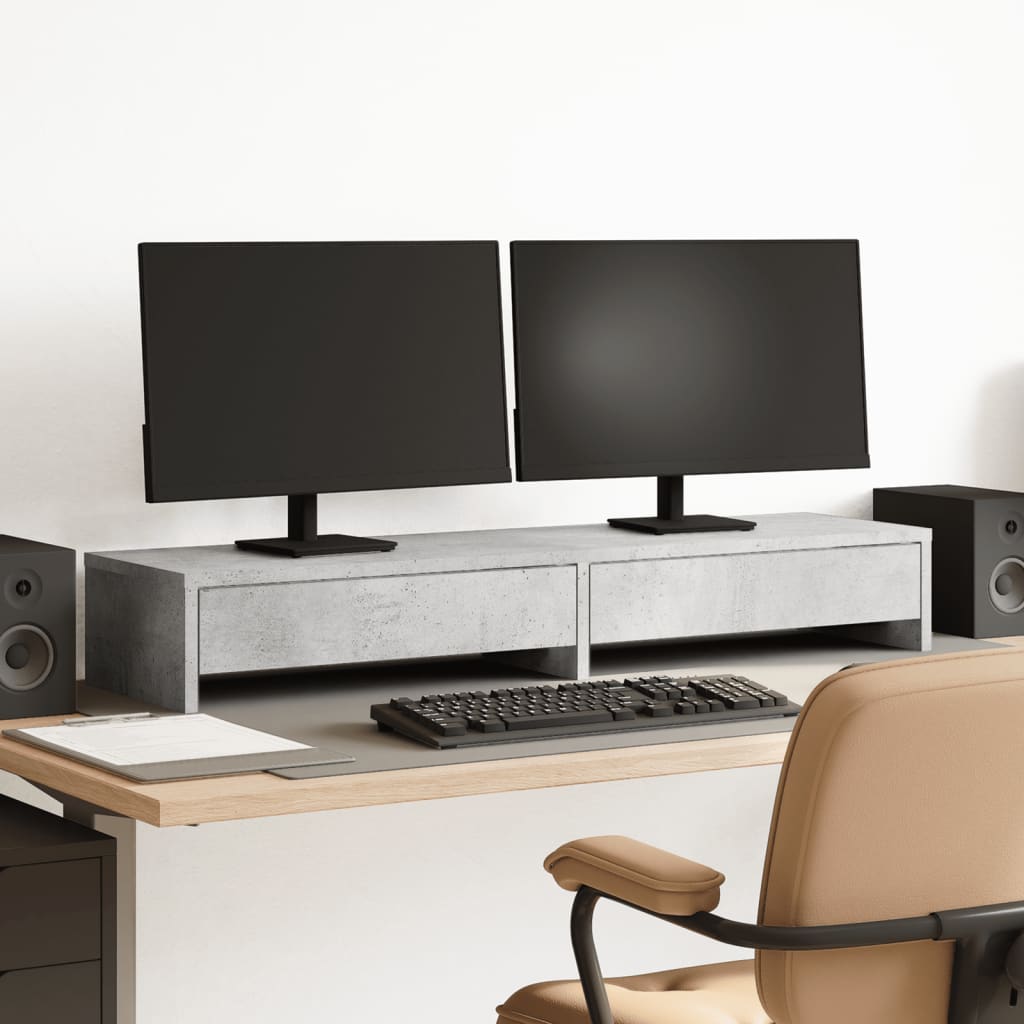 Vidaxxl Monitorständer mit Schubladen 100x27x15 cm, Holzwerkstoff, Betongrau