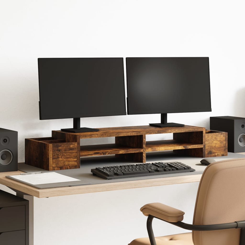 Support de moniteur Vidaxl avec stockage 100x27x15 cm chêne fumé en bois