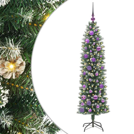 Vidaxl kunstmatige slanke kerstboom met 150 led groen en wit 150 cm