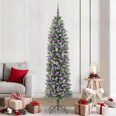 Vidaxl kunstmatige slanke kerstboom met 300 led groen en wit 210 cm