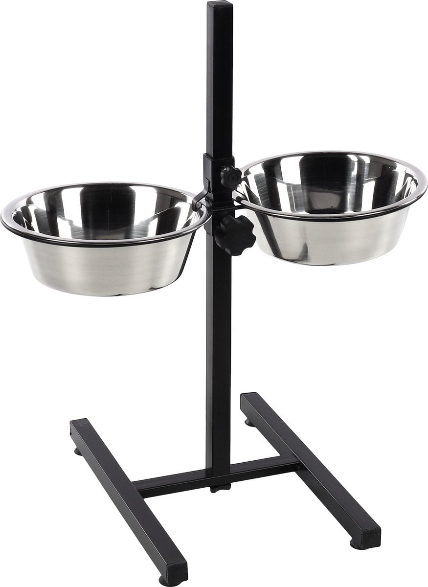 Hundefutternapf Flamingo – Duo-Dinnerständer Otis Silber Schwarz 2x2,5l – verstellbarer Fress- und Trinknapf mit Edelstahlnäpfen