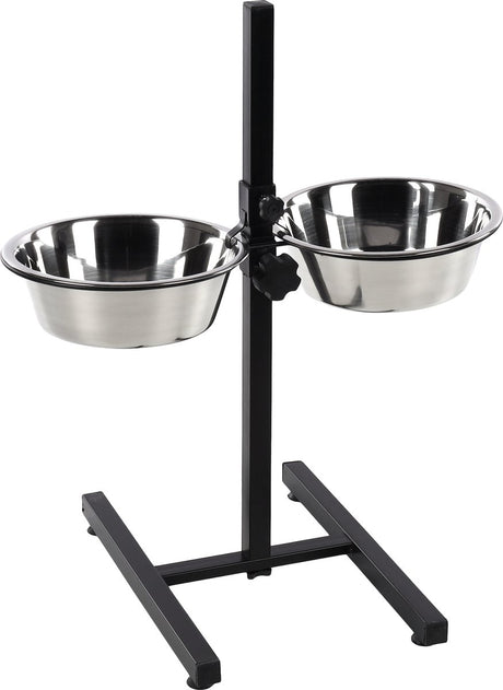 Hundefutternapf Flamingo – Duo-Dinnerständer Otis Silber Schwarz 2x2,5l – verstellbarer Fress- und Trinknapf mit Edelstahlnäpfen