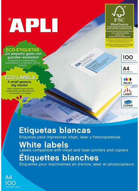 Apli Klebeetiketten 1281 100 Blatt 210 x 297 mm weiß