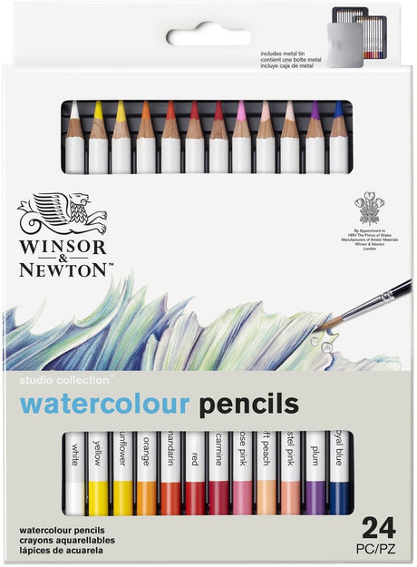Winsor Newton 0490015 Studio Collection Aquarellstifte-Set, 24-teilig – Dikcores Aquarellstifte im Metallgehäuse