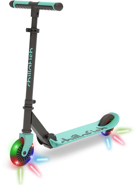 Chillafish Kinderroller für Jungen und Mädchen ab 5 Jahren mit LED-Rädern – Blaugrün – Roller mit verstellbarem Lenker und Fußbremse – faltbar und leicht mit ABEC-5-Rädern – keine Batterien erforderlich – Modell Flexxi Glow