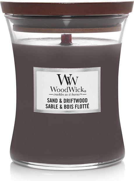 Mittlere Sanduhr-Duftkerze von Woodwick – Sand-Treibholz – 60 Brennstunden