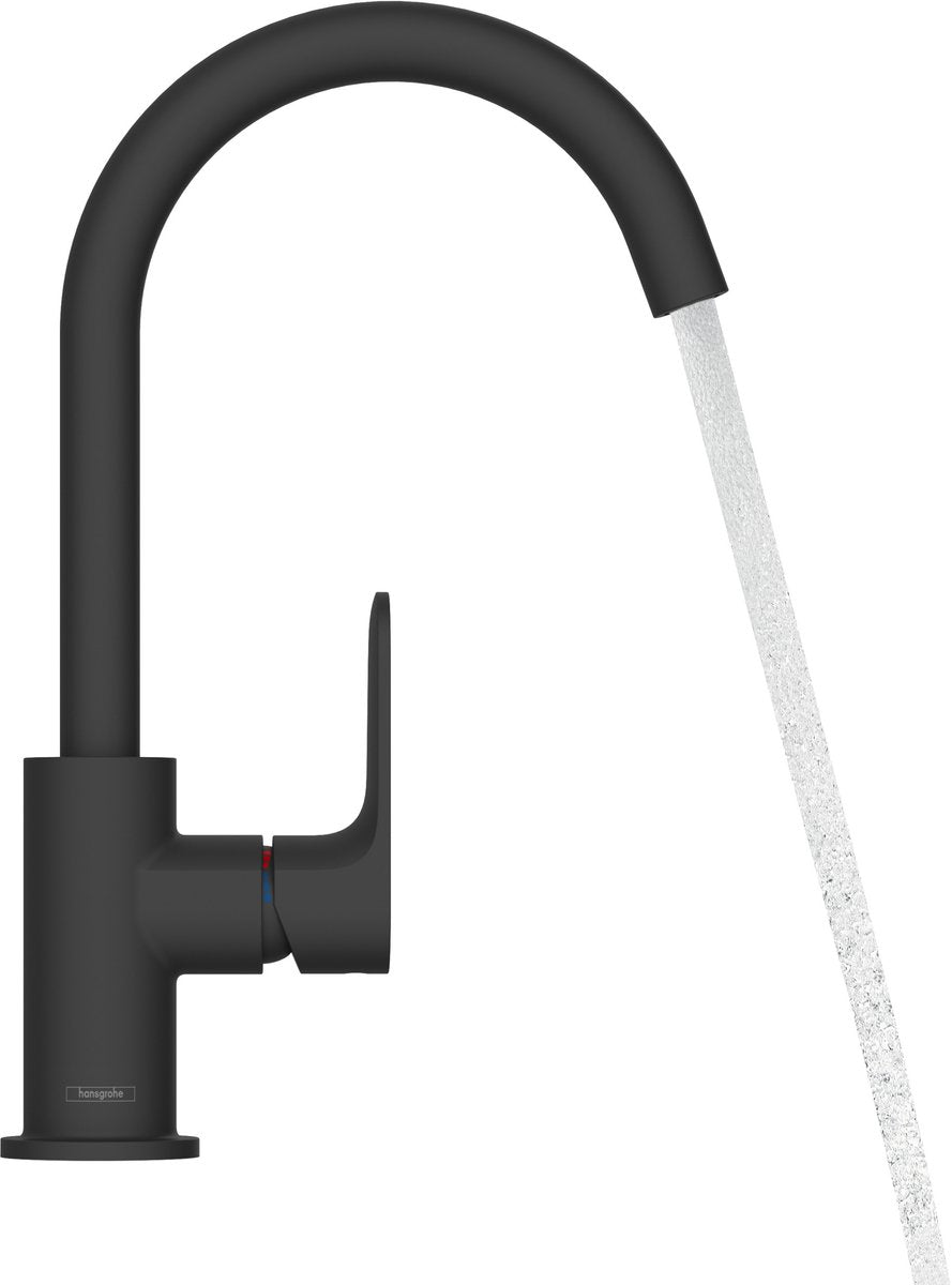 Hansgrohe rebris s – Waschtisch-Mischbatterie – Einhebelbedienung – mit Ablaufgarnitur – Größe 210 mm – schwenkbarer Auslauf – mattschwarz