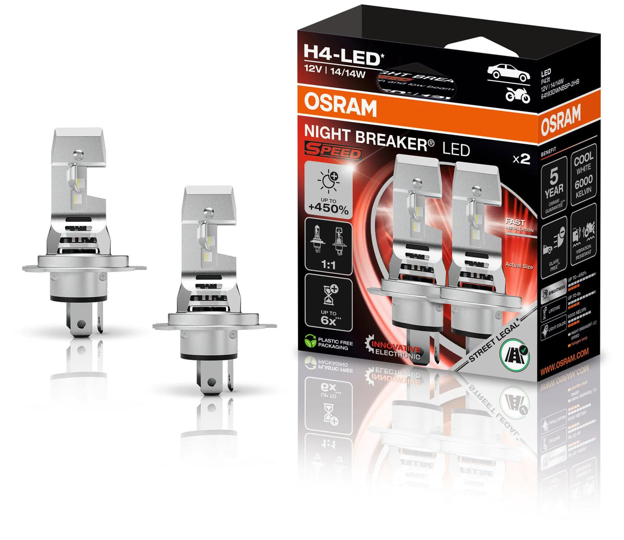 Osram Scheinwerfer Night Breaker LED Speed 450 Lampe H4 450 2VPE 12V 14W Night Breaker LED