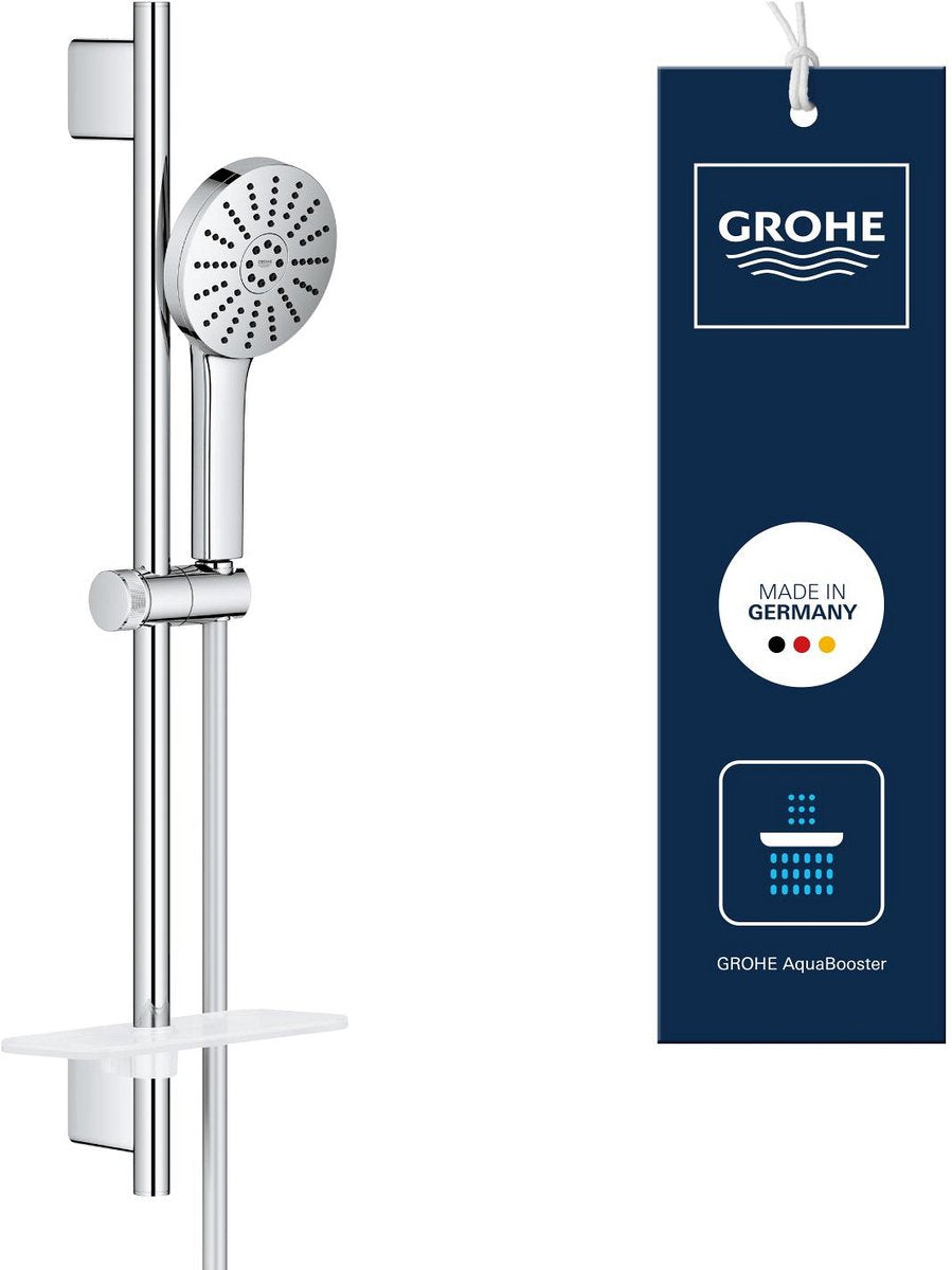 Grohe Vitalio Joy+ 120 Brauseset mit Brausestange – mit Brausekopf, Brauseschlauch, Seifenschale – 3 Strahlarten – Aqua-Booster – wassersparend (7l min) – Chrom