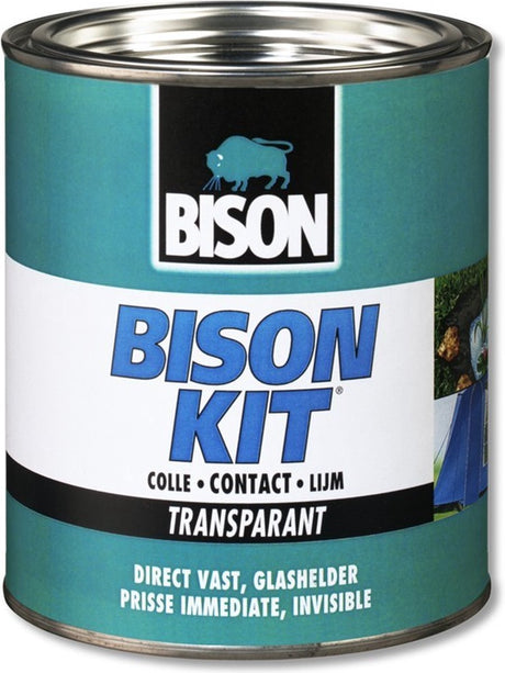 Bison Kit® transparente Dose 750 ml, glasklar, stark, universeller Kontaktkleber, feuchtigkeitsbeständig, frostbeständig, -40°C bis +70°C, einfach zu verwenden
