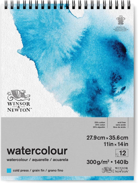 Winsor Newton 6662583 Aquarellblock Spiralblock – 300 g m², 12 Blatt, kaltgepresst, Maserung Flosse – Aquarellpapier 27,9 x 35,6 cm
